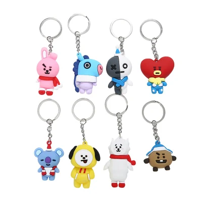 Campione gratuito Consegna veloce Corea Kpop Bt21 Portachiavi in ​​gomma Anime 3D Portachiavi Bts