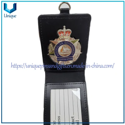 Distintivo personalizzato in metallo per ufficiale del governo australiano con supporto in pelle di vacchetta, distintivo della polizia australiana in argento con supporto in pelle